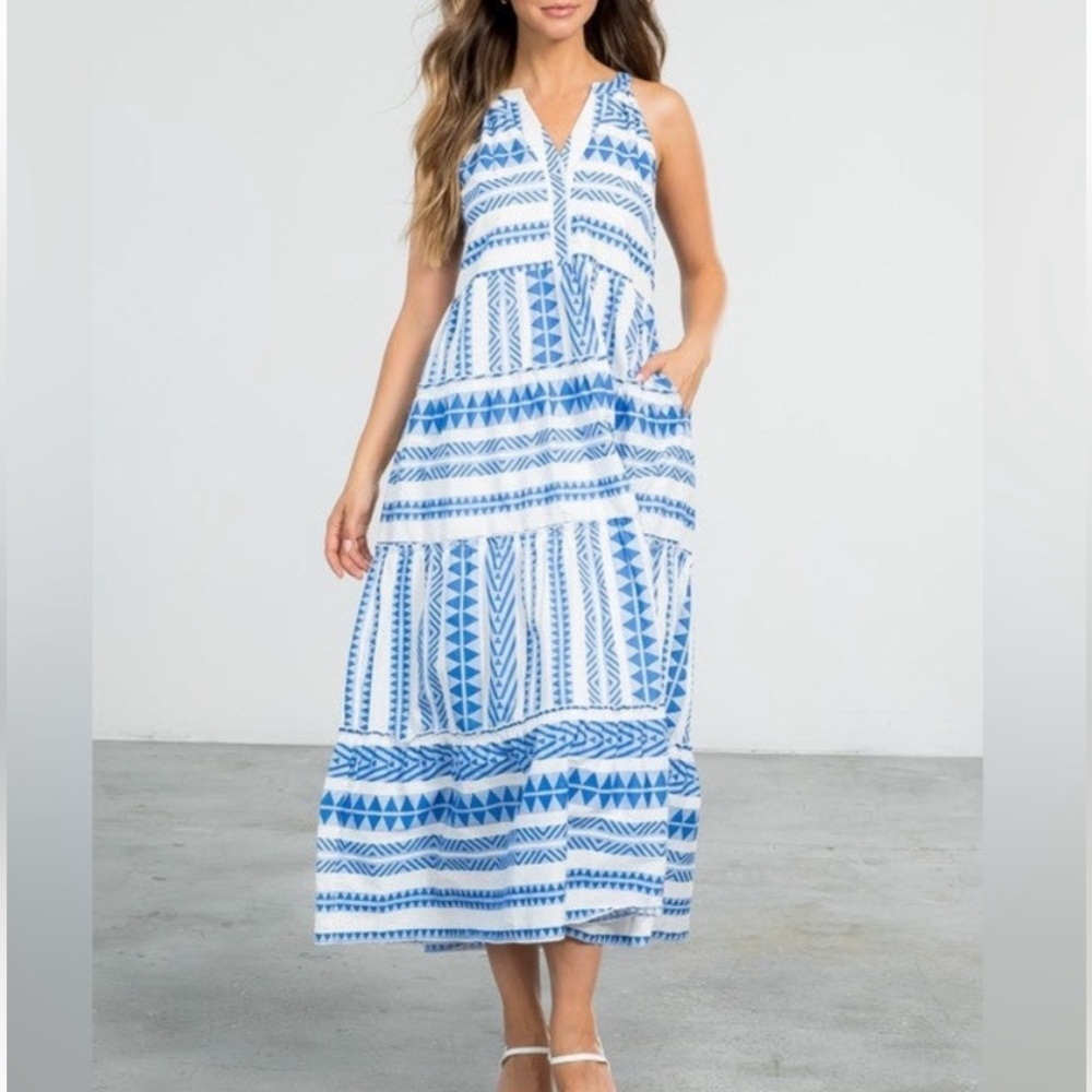 Goa Beachwear By Japna Blue White Print Tiered  Maxi Dress Sz M